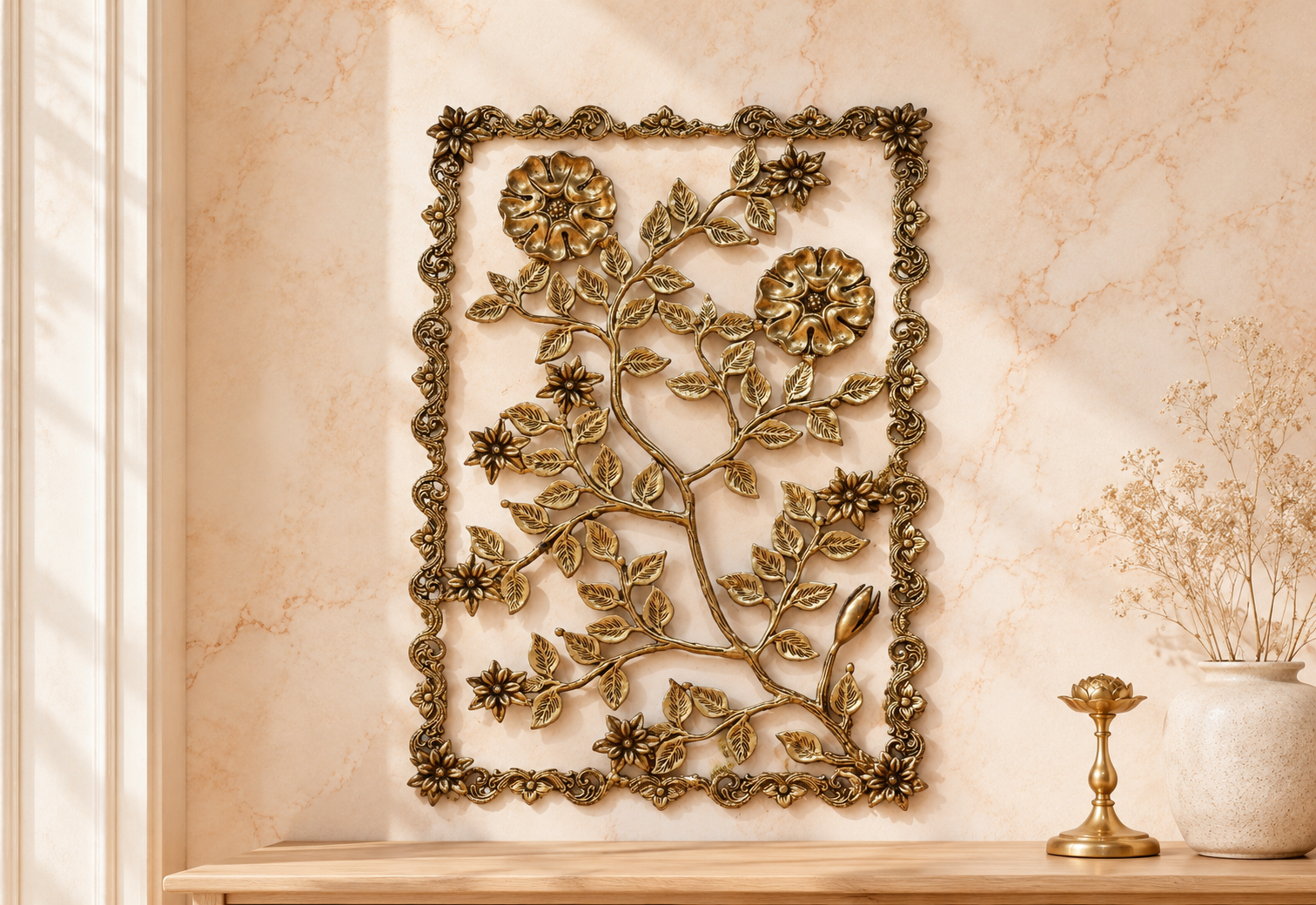 Premium Brass Floral Wall Art for Living Room, Hallway & Home Décor